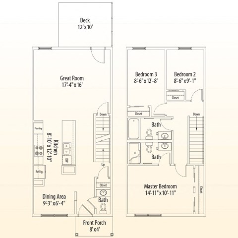 A floor plan of a house with a deck, two bedrooms, a great room, a dining area, a pantry, a kitchen, a front porch, and a master bedroom.